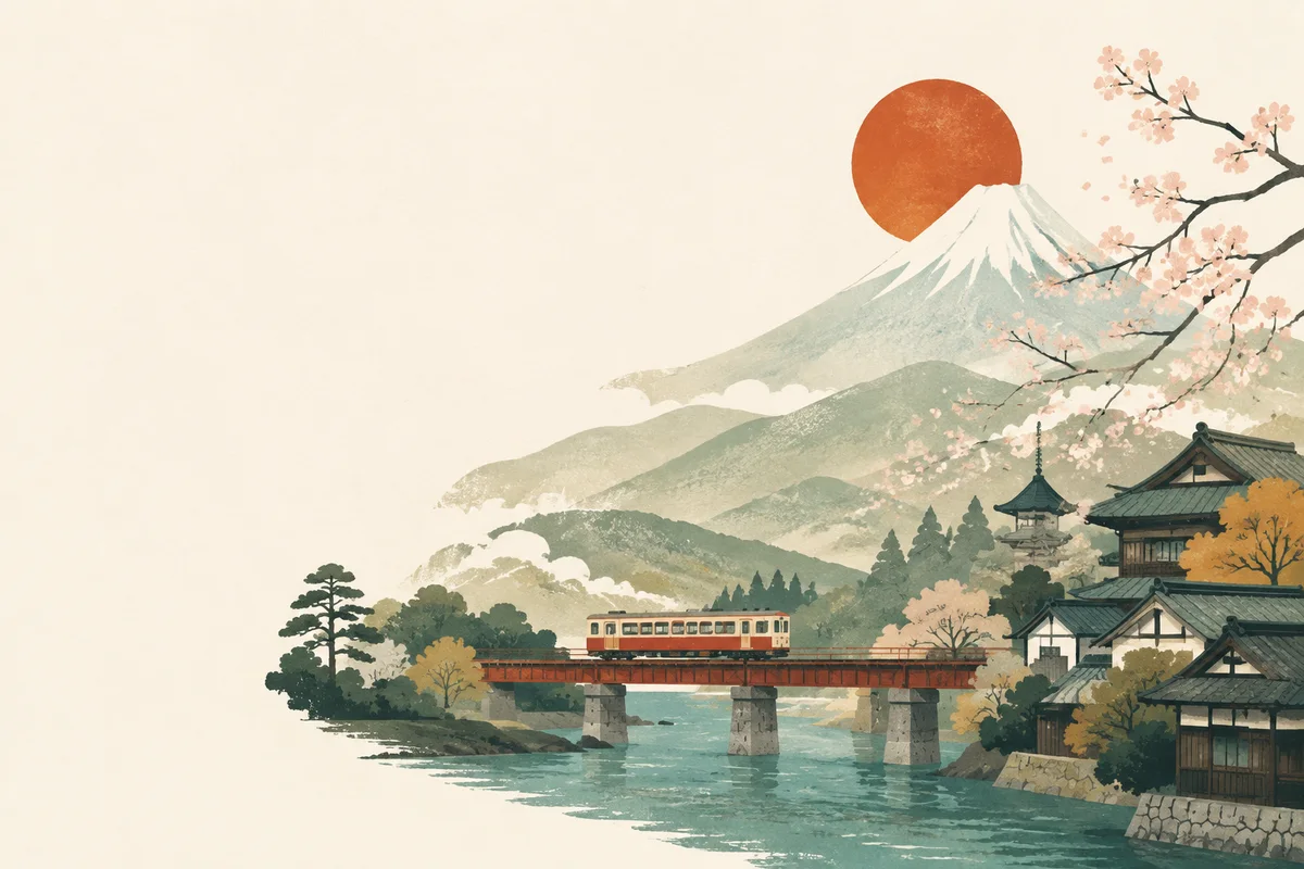 列車駛過河川，遠方是富士山與朱紅日輪的日本旅行插畫